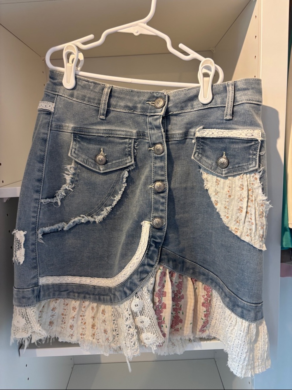 Denim Patchwork Mini Skirt with Lace Trim - Blue